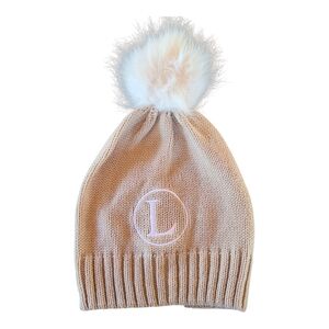 Viv&Lou Kids Cozy Tan Monogram L  Knit Beanie with Pom Pom Winter